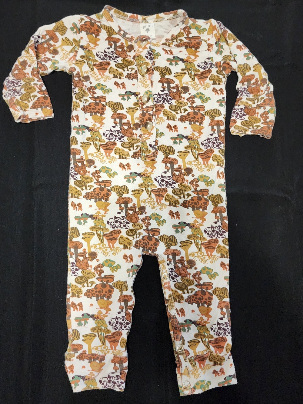 kate quinn Mushroom Print Bamboo  One-Piece Romper Front Buttons White Orange